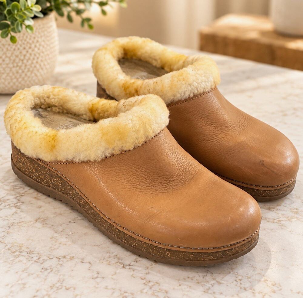 Dansko Danslip Brown Leather Shearling Lined Slip-On Clog Slippers US 8 EU 38